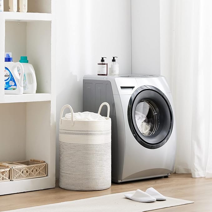 Fiona's magic 58L Woven Rope Laundry Hamper, Tall Boho Laundry Basket Storage, Large Baby Nursery Hamper for Blankets, Toys and Clothes Hamper for Bedroom and Living Room Organizing, Jute, White