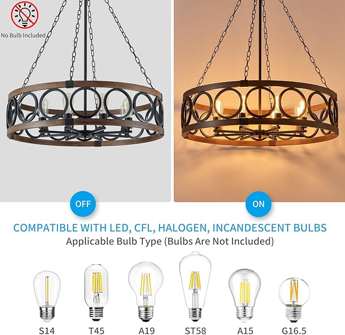 XINGQI 8 Lights Modern Farmhouse Chandelier Black 32.3" Large Drum Light Fixture Rustic Pendant Lighting for Living Room Dining Room Kitchen Island Bar Office, Round Metal Shade Wood Grain Finish