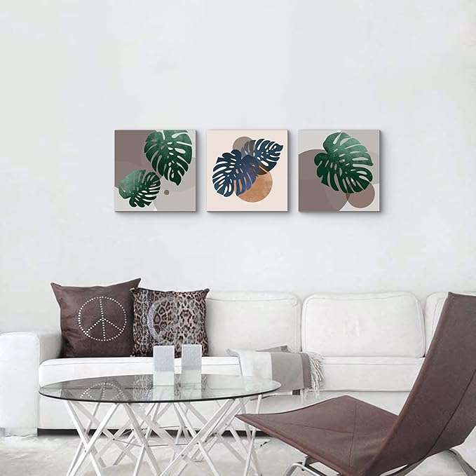 NAN Wind 3Pcs Tropical Leaf Wall Art Palm Frond and Foliage Canvas Print with Bold Orange Teal Yellow Shapes Mid-Century Modern Botanical Plant Pictures for Boho Living Room Bedroom Office Wall Decor