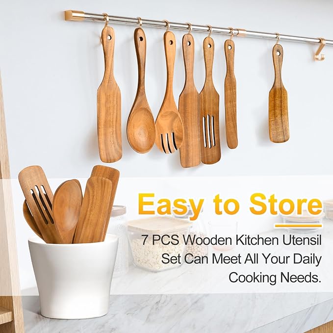 Spurtles Kitchen Tools Wooden, 7Pcs Wooden Spoons for Cooking, Natural Premium Spatula Set, Heat Resistant Cooking Utensil for Nonstick Cookware, Spurtle for Sourdough Starter