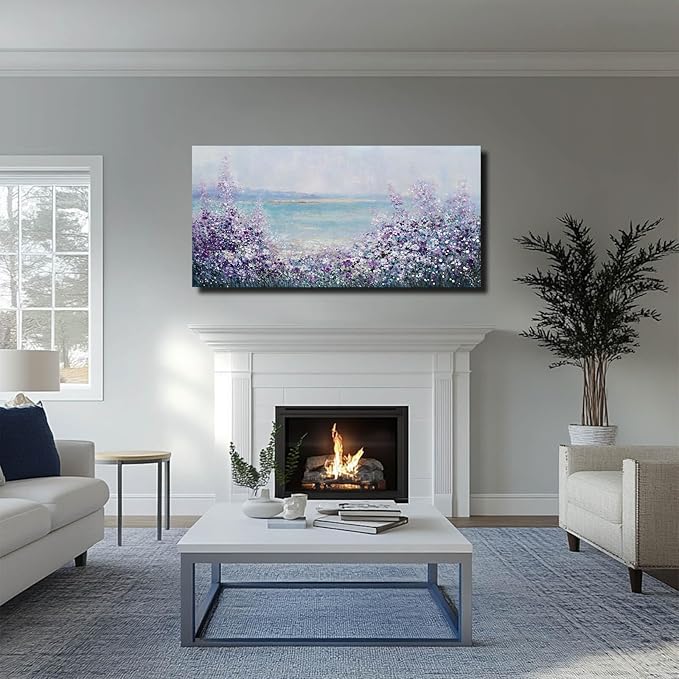 Flowers Framed Canvas Wall Decor Purple and White Painting Ocean Wall Art for Office Contemporary Art Poster for Bedroom Decor 24x48 Inch