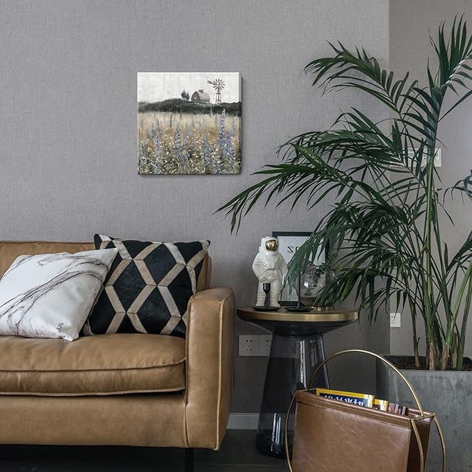 Bathroom Wall Art Vintage Farmhouse Canvas Print Retro Countryside Flower Field Nature Meadow Landscape Rustic Windmill Barn Picture Framed Artwork for Home Bedroom Living Room Black Purple 14x14inch