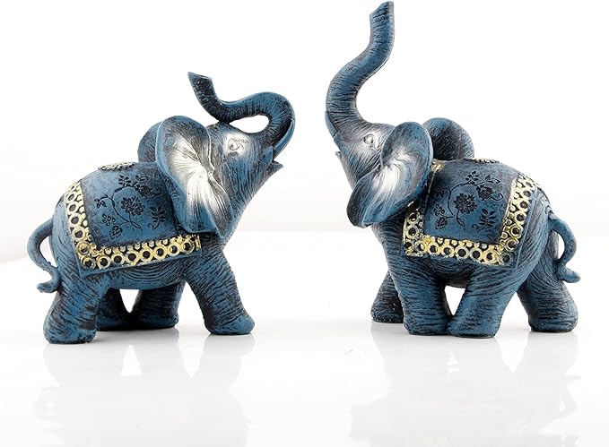 Blue Thai Couple Elephants Figurines Statues Elephant with Trunk Up Gifts for Desktop Decoration Home Crafts Ornament