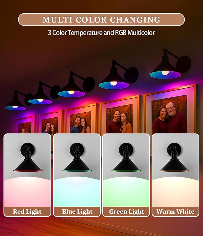 Rechargeable Battery Operated Wall Sconces Set of 2, RGB 15 Color Dimmable Wireless LED Wall Sconce, Includes Bulb and Remote Control, Suitable for Bedroom, Farmhouse, Gallery.