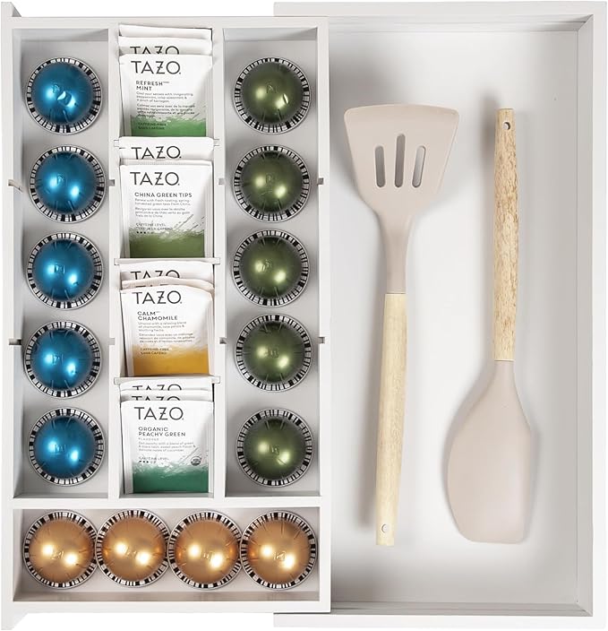 Tea Bag and Coffee Pod Kitchen Drawer Organizer, Expandable 9.7 to 17 Inches, 10 Storage Compartments, Adjustable Wall Inserts, Non-Slip Feet, Food-Safe White Finish, 100% Bamboo Wood