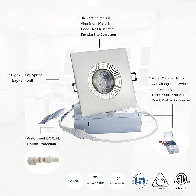 Canless Recessed Gimbal Downlight Rotatable-Spotlight 5 CCT 4 Inch Eyeball Ceilling Potlight, Dimmable Lights Fixture with Junction Box, 8W CCT Adjustable, Brushed Nickel Square Trim, 6P