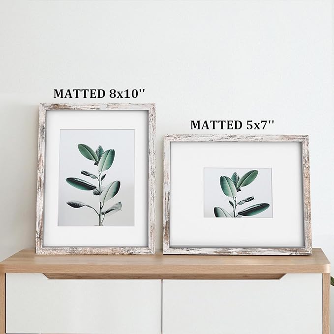 Egofine 11x14 Picture Frame Rustic White 4 Pack - Photo Frame Made of Solid Wood Covered by Plexiglass for Table Top Display Pictures 5x7/8x10 with Mat or 11x14 Without Mat - with Wall Mounting