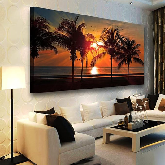Beach Canvas Wall Art Seascape Theme Pictures Home Decor Blue Ocean Coconut Tree Sunset Prints Paintings for Living Room Bathroom Bedroom Kitchen Office Decoration Natural Scenery Artwork 24x48inches