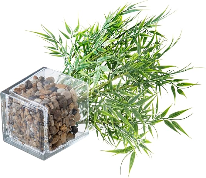 MyGift 16 Inch Tall Tabletop Artificial Bamboo Leaves Plant Potted in Clear Glass Square Pots, Indoor Faux Greenery Table Centerpiece Home Office Decor, Set of 2