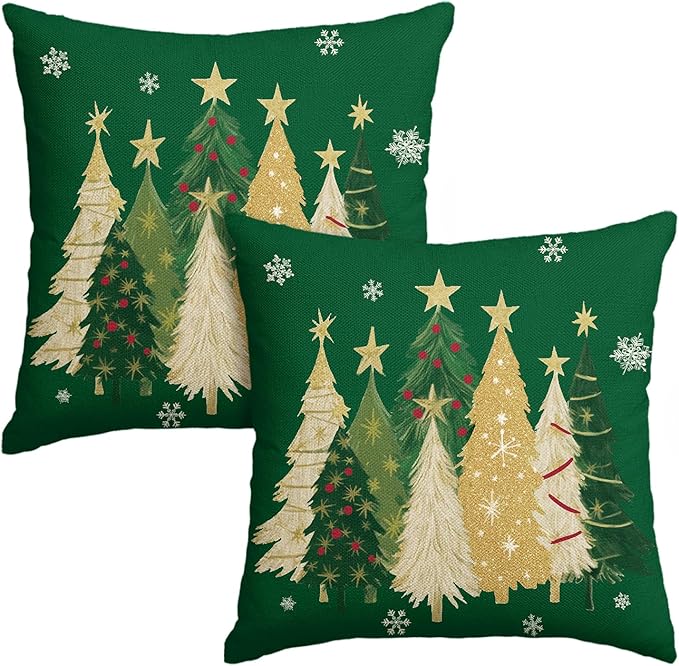 AVOIN colorlife Christmas Trees Star Green Throw Pillow Covers Set of 2, 18 x 18 Inch Snowflake Seasonal Winter Holiday Cushion Case Decoration for Sofa Couch