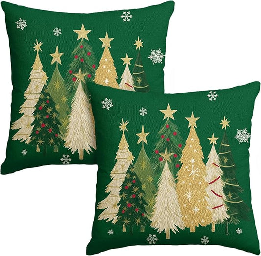 AVOIN colorlife Christmas Trees Star Green Throw Pillow Covers Set of 2, 18 x 18 Inch Snowflake Seasonal Winter Holiday Cushion Case Decoration for Sofa Couch