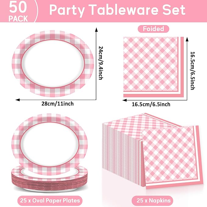 Pink Gingham Party Oval Paper Plates 11inch Pink & White Checkered Plates and Napkins, Plaid Birthday Decoration for Girls Women Party Supplies BBQ Gathering Picnic Tableware, 25 Guest