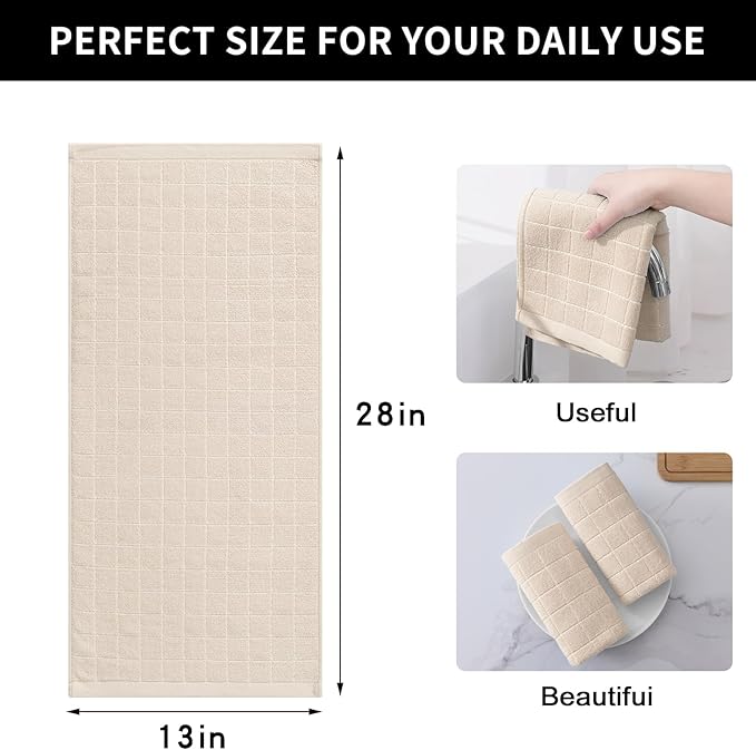 Homaxy 100% Cotton Terry Kitchen Towels(Beige, 13 x 28 inches), Checkered Designed, Soft and Super Absorbent Dish Towels, 4 Pack
