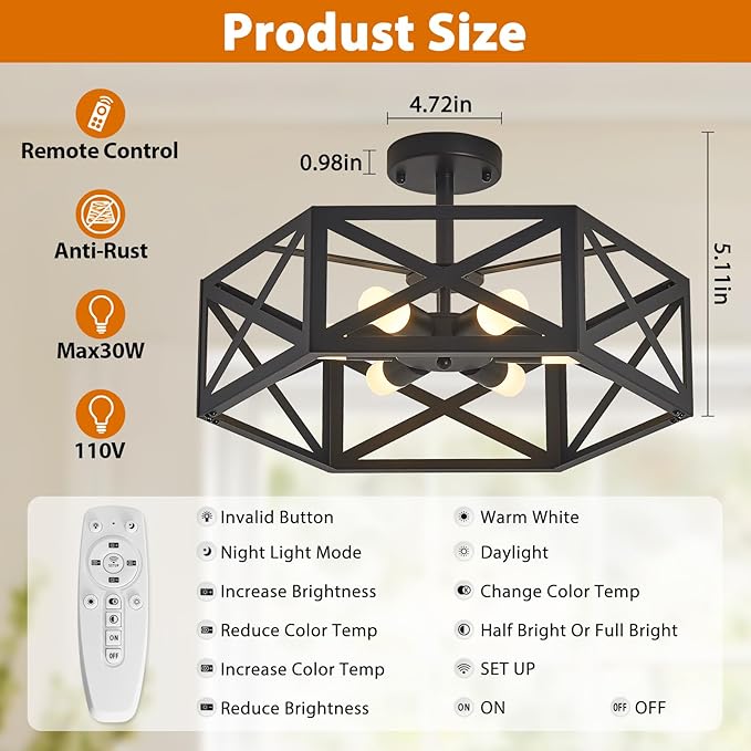 Modern Semi Flush Mount Ceiling Light with Remote Control,19.7" 6-Light Hexagon Flush Mount Ceiling Lights for Dining Room Light Fixture,Farmhouse Kitchen Island Lighting Fixtures for Hallway