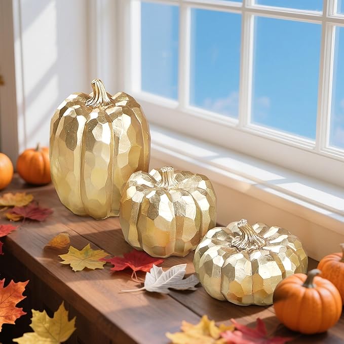 winemana 3 Pack Gold Pumpkins for Decorating – Fall & Thanksgiving Decorations for Home, Table, Fireplace Mantel, Office, Elegant Decorative Pumpkin Autumn Indoor Decor