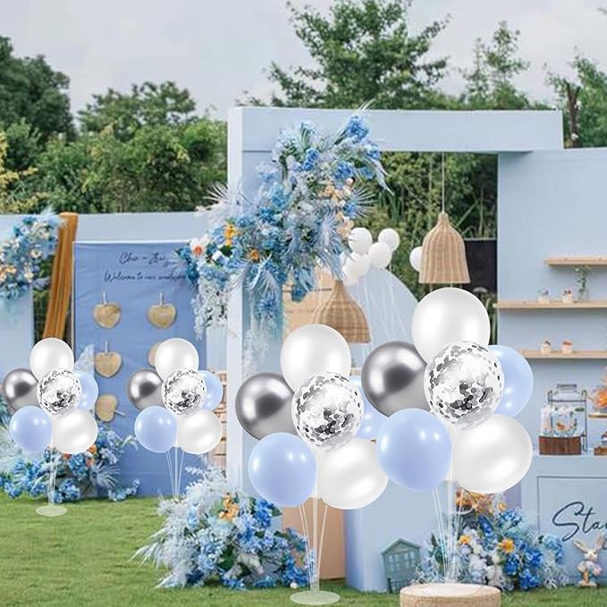 Baby Blue and Silver Balloon Stand Centerpiece Table Decorations for Baby Shower Wedding Engagement Bridal Shower Anniversary Birthday Party Decorations(Baby blue silver set4)