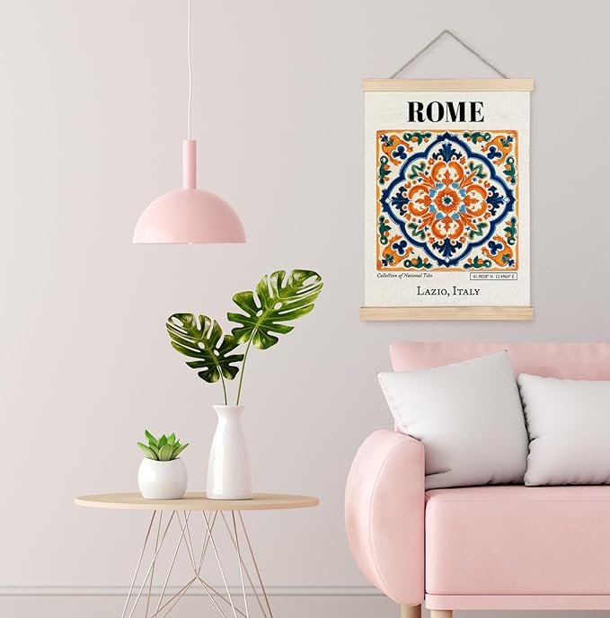 Yomisex Rome Lazio Italy Tile Wall Art Poster, Traditional Roman Tiles Exquisite Porcelain Aesthetic Canvas Prints Wall Art Framed for Home Bedroom Living Room Decor, 12x16 Inch
