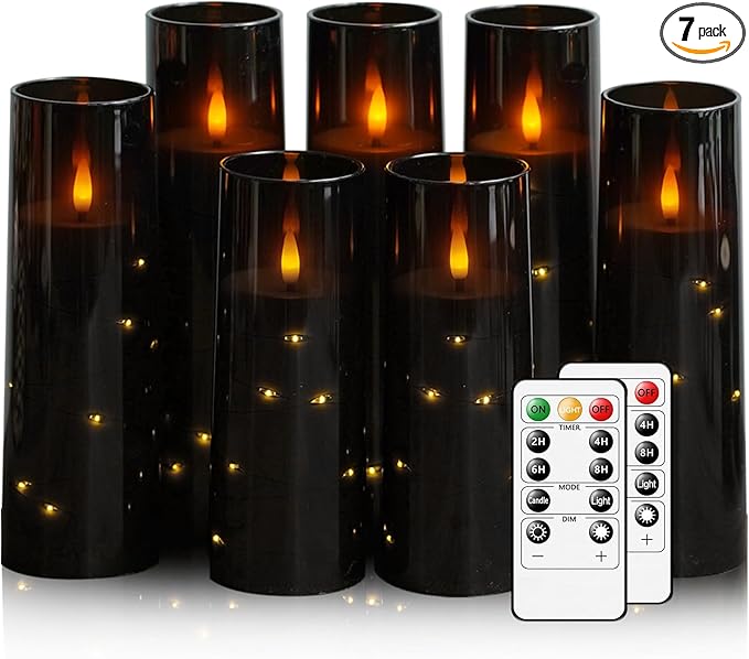 Flameless Candles,with Embedded Star String, Battery Operated Candles Flickering LED Pillar Candles with Remote Control and Timer, Home Decoration Add a Warm and Romantic Atmosphere，Set of 7 (Black)
