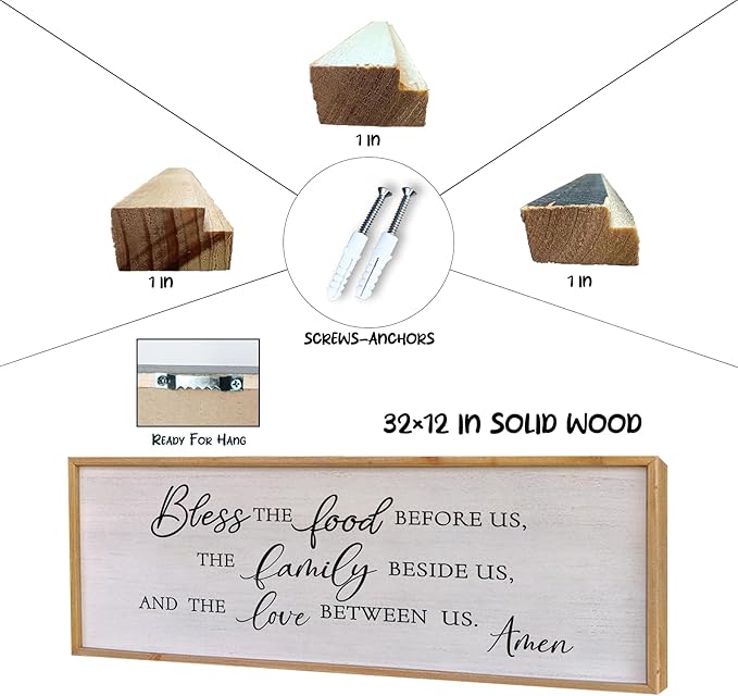 Surfapans Bless the Food Before Us Wall Decor, 32"X12" Farmhouse Dining Room Family Kitchen Sign, Christian Bible Verse Scripture Vintage Home Framed Wood Wall Art (Wood White)