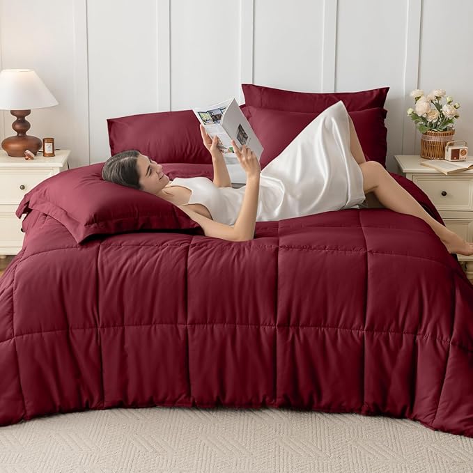 JOLLYVOGUE Queen Comforter Set, Ultra-Soft Bed in a Bag Queen Size 7 Pieces, Oeko-TEX Certified Bedding Set with Down Alternative Comforter, Sheets, Pillowcases & Shams, Burgundy