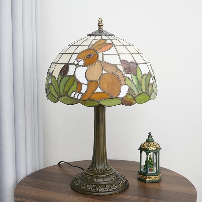 Uniquel Cute Brown Rabbit Tiffany Lamp Retro Style Stained Glass Table Lamp Vintage Aesthetic Bedside Lamps for Bedroom Nightstand Night Stand Lighting Reading Unusual Kids Decor Desk Lamp 12 Inch