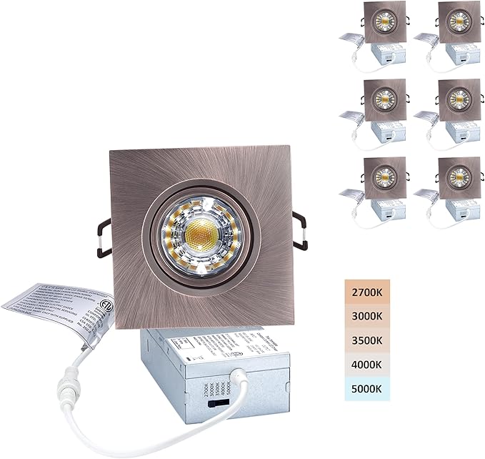Canless Recessed Gimbal Downlight Rotatable-Spotlight 5 CCT 3 Inch Eyeball Ceilling Potlight, Dimmable Recessed Lights Fixture with Junction Box, 8W CCT Adjustable, Oil Rubbed Bronze, 6P …