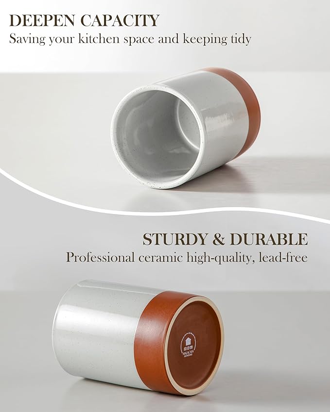 MALACASA Utensil Holder, 5.5" Ceramic Kitchen Utensil Holder for Countertop, Cooking Utensil Crock for Kitchen Counter, Farmhouse Utensil Organizer for Spatula & Spoon, Khaki Gray, Series TARA