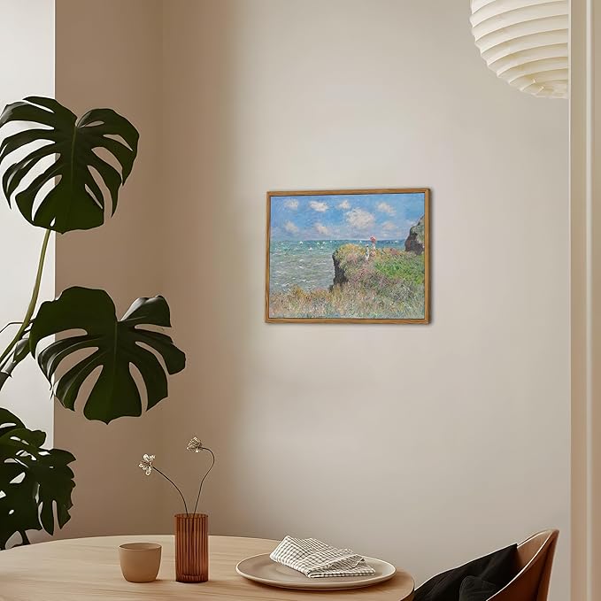 Framed Vintage Monet Wall Art Coastal Decor – Impressionist Seaside Oil Painting Canvas Prints – Nature Beach Scene Landscape Aesthetic Wall Decor for Living Room Bedroom Bathroom – 8"x10"