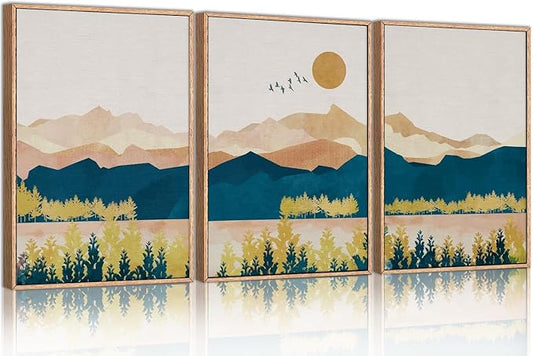 HPINUB Mountain Framed Canvas Wall Art Set, Mid Century Modern Wall Decor, Set of 3 Boho Artwork Nature Art Paintings, Bohemian Art Prints for Living Room, Bedroom, Dining Room, Office-24 x36 x3