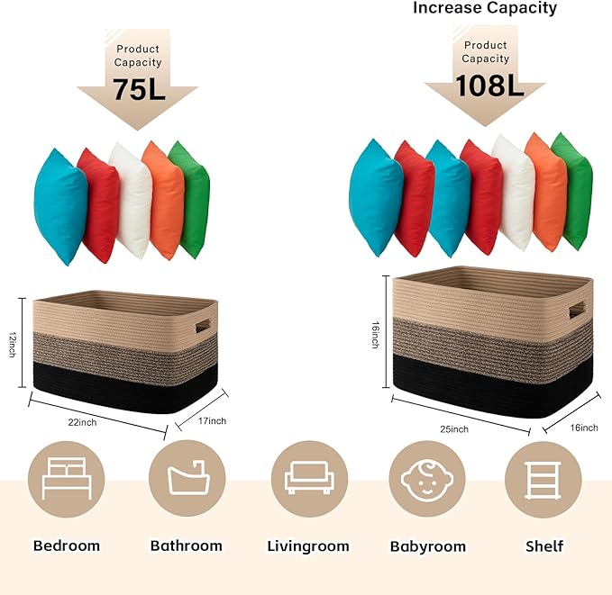 OIAHOMY Large Blanket Basket, 22”x17”x12” Rectangle Woven Baskets, Nursery Blanket Storage Living Room, Toy Storage With Handle, Large Baskets for Organizing-Yellow Black