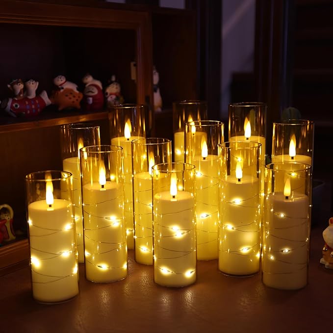 Da by Flameless Candles with Recessed String Light, Battery Operated Candles, Acrylic LED Pillar Candles with Remote Control and Timer, Golden, Set of 12