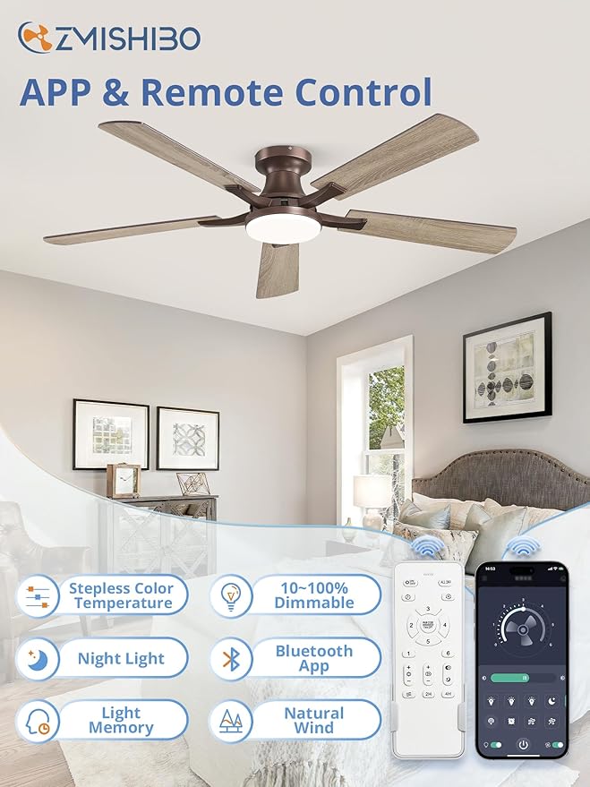 ZMISHIBO 52 Inch Ceiling Fan with Light, App&Remote Control, Flush Mount Low Profile, Dimmable 20W LED Light, Quiet Reversible Motor for Bedroom, Living Room, Apartment, Brown