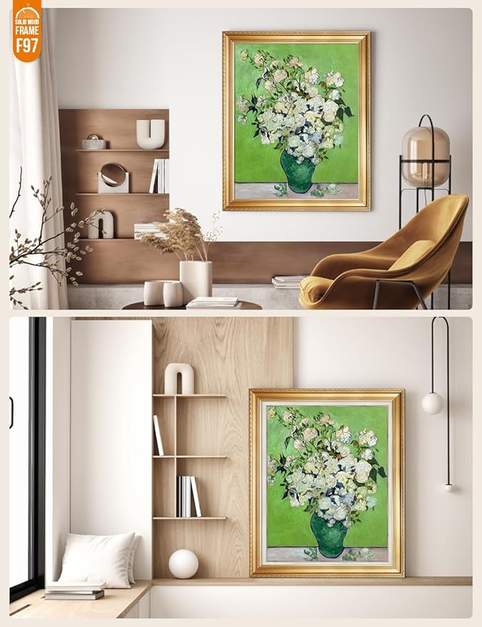 DECORARTS - Pink Roses in a Vase, Vincent Van Gogh Art Reproduction. Acid Free Cotton Canvas Giclee Print w/Bronze Frame&Mat for Wall Decor.