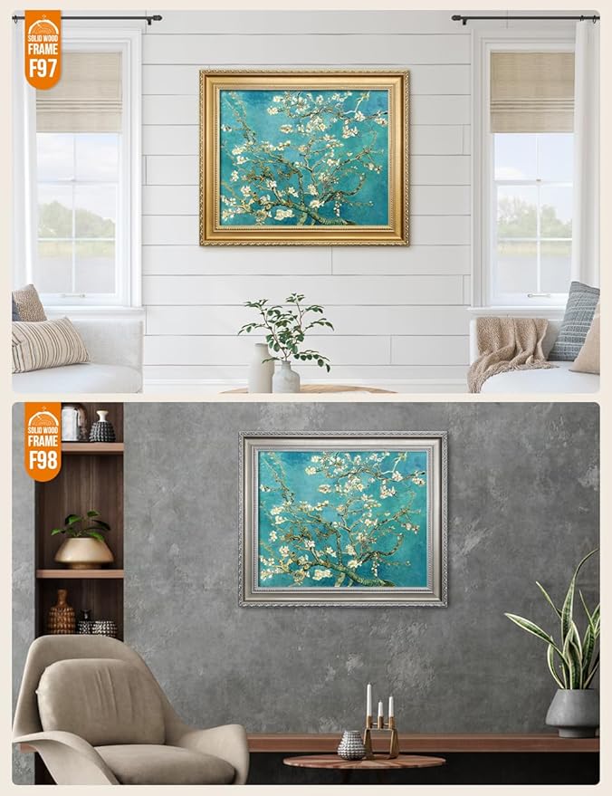DECORARTS - Almond Blossom Tree by Vincent Van Gogh. Giclee Print w/Antique Brown Frame for Wall Decor. Picture Size: 20x16, Total Size w/Frame: 23x19