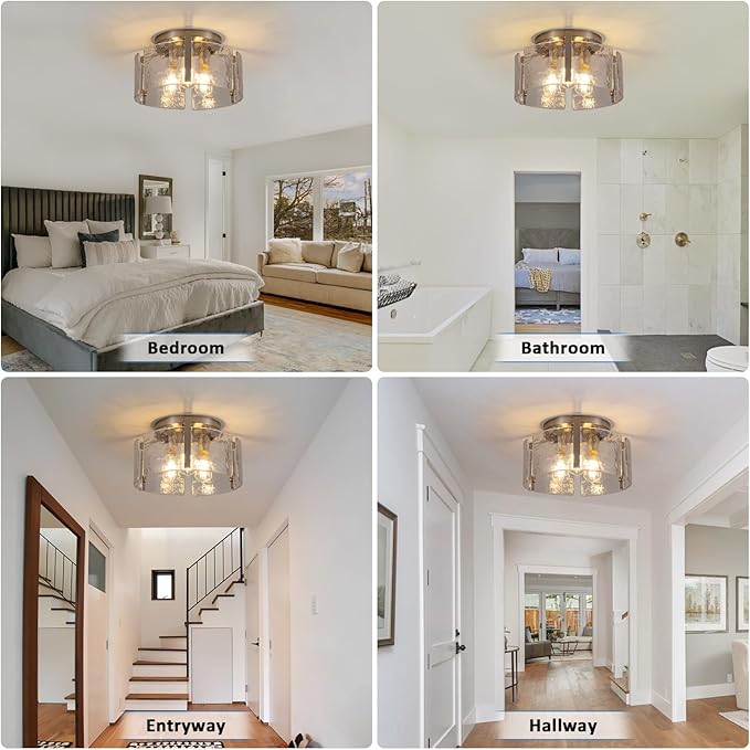 Modern Semi Flush Mount Ceiling Light Fixture, Nickel Hallway Light Fixtures Ceiling Mount, Dimmable Foyer Kitchen Lighting Fixtures Ceiling Lights for Bedroom Bathroom Dining Room Laundry Room