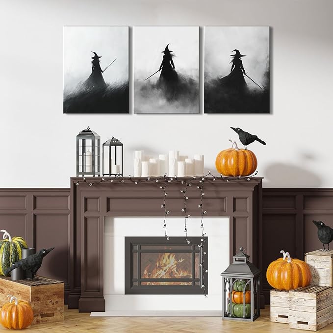 Vintage Witch Canvas Wall Art Halloween Pictures Black and White Living Room Wall Decor Dark Gothic Witches Paintings Witchy Home Decorations Spooky Posters Prints Artwork for Bedroom 12x16" 3Pcs