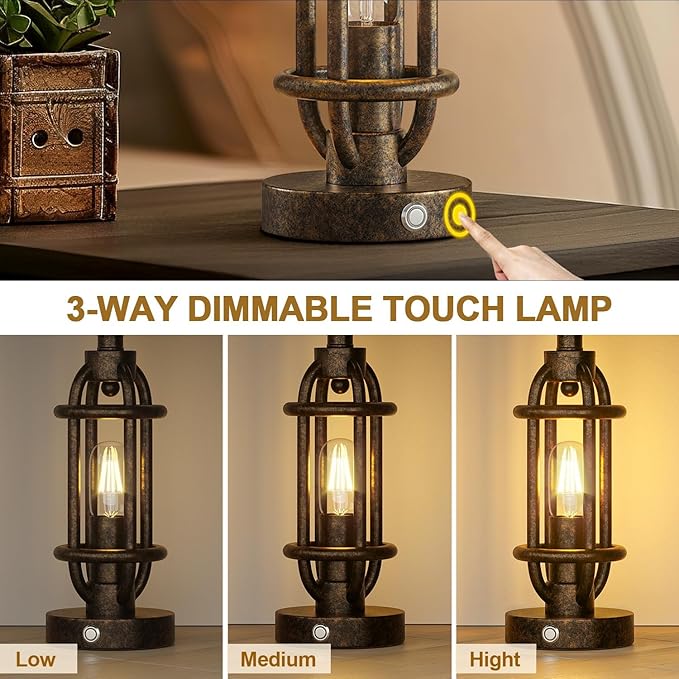 23.75'' Table Lamps Set of 2 for Living Room Bedroom Industrial Farmhouse Metal Touch Lamps with USB A+C Ports, Night Light Vintage Nightstand Bedside Lamp, Bulbs Included, Bronze
