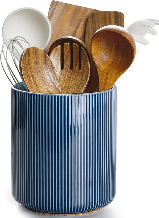 getstar Large Kitchen Utensil Holder for Kitchen Counter (H7.2” x W6.2”), Ceramic Cooking Utensil Holder with Cork Mat (Navy, Utensils Not Included)