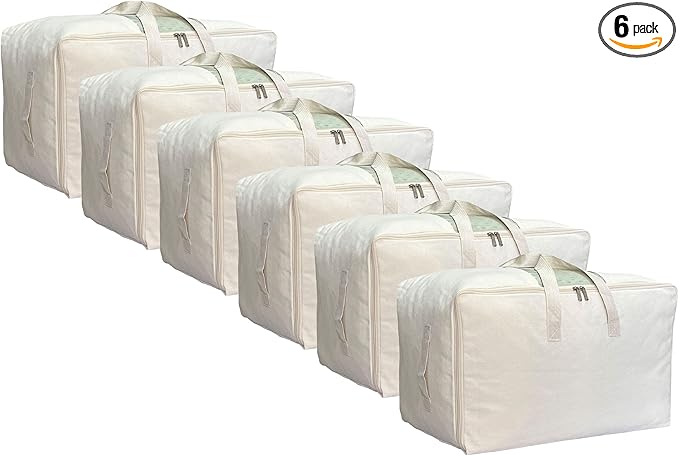 Soft Large Canvas Comforter Storage Bags with Four Carrying Handles and Clear Window, Closet Organizer for Clothing, Blankets Sheets Pillows and Bedding, 80L, 6 Pack, Beige