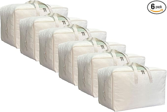 Soft Large Canvas Comforter Storage Bags with Four Carrying Handles and Clear Window, Closet Organizer for Clothing, Blankets Sheets Pillows and Bedding, 80L, 6 Pack, Beige