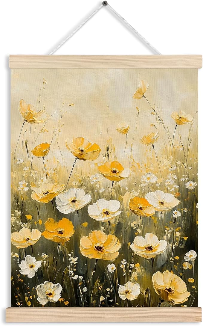 FITIE Watercolor Wildflowers Wall Art Poster Framed, Rustic Farmhouse Decor, Floral Room Decor, Fall Wall Decor Poster Hanger Frame, Rustic Cottagecore Yellow White Flower Field Canvas Wall Art Prints for Home Office, 12x16 Inches
