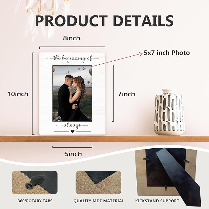 Engagement Picture Frame 5x7, Wedding Photo Frame, Engagement Gifts for Couples Newly Engaged, The Beginning of Always Wedding Couples Wooden Picture Photo Frames for Desk Home Room Decor