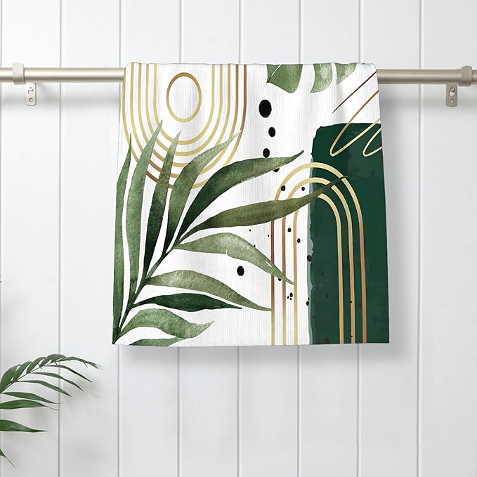 Boho Kitchen Towels 16x24 Inch Sage Green Mid Century Tropical Leaf Summer Decor Dish Towels Abstract Geometric Decoration Hand Towels Absorbent Dish Cloths for Home Kitchen Dining Set of 2