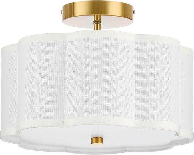 VONLUCE Semi Flush Mount Ceiling Light, 13" Ceiling Light Fixture with Flower-Shaped Fabric Shade, 3-Light Modern Light Fixture for Bedroom Living Room Nursery Hallway, White Shade & Gold Finish