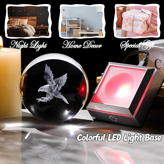 3.15"/ 8CM Crystal Ball 3D Engraved Eagle Gifts for Men Kids Glass Sphere with LED Colorful Base Ideas on Birthday Christmas Graduation for Him Home Decor Figurine