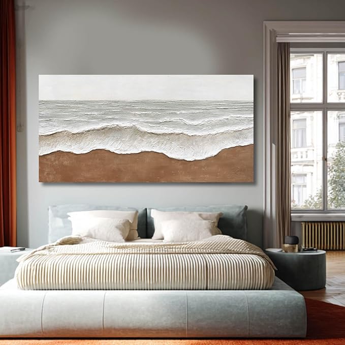 Textured Wall Decor Ocean Wall Painting White Line Wall Art Posters 29"x58" Large Pictures for Living Room Dining Room