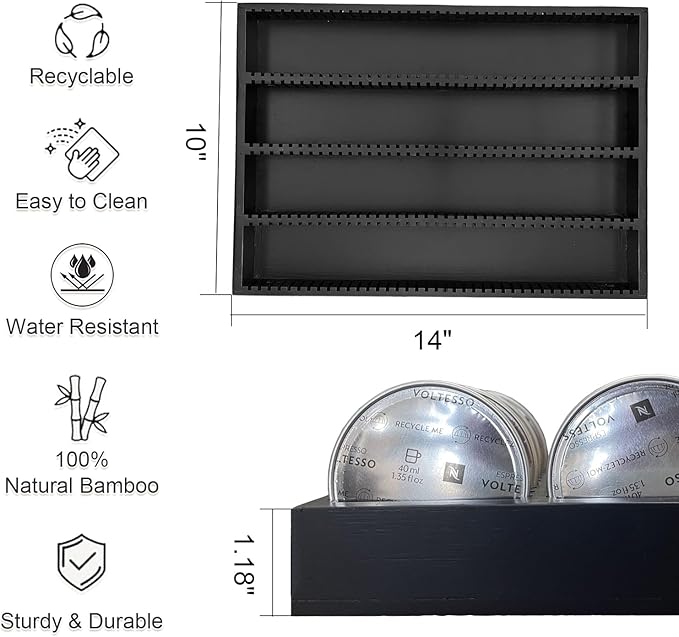 Bamboo Coffee Pod Storage Holder for Drawer Coffee Pods Organizer for Counter, Compatible with Capsules for Kitchen Coffee Station (Black)