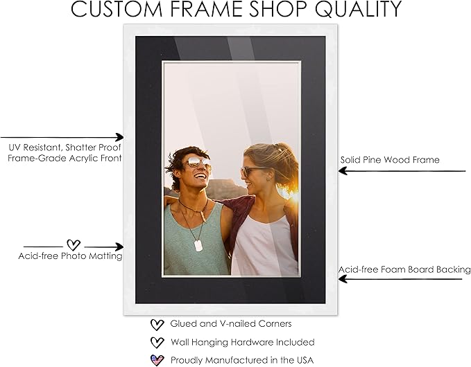 16x20 Frame White Wood with Black Mat | 18x24 Frame Matted to 16x20 | Display Your Poster Under UV Acrylic Shatter Guard Front, with Foam Board Backing and Wall Hanging Hardware - Gallery Wood Frame