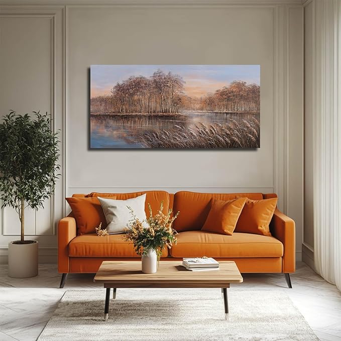 Fall Wall Art Forest Painting Lake Landscape Wall Decor for Living Room Office Contemporary Artwork 24x48 Inch Blue and Gold Posters