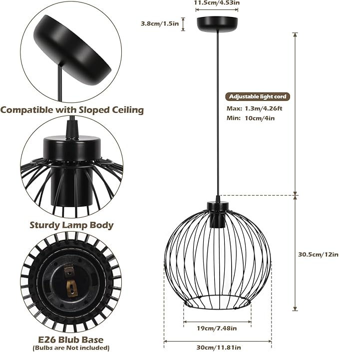 Black Ball Modern Industrial Chandelier – DIY Metal Cage Pendant Light Fixture, E26 Base (No Bulb), Assembly Required, for Living Room, Kitchen, Dining Room, Bedroom, Farmhouse, Bar, Café
